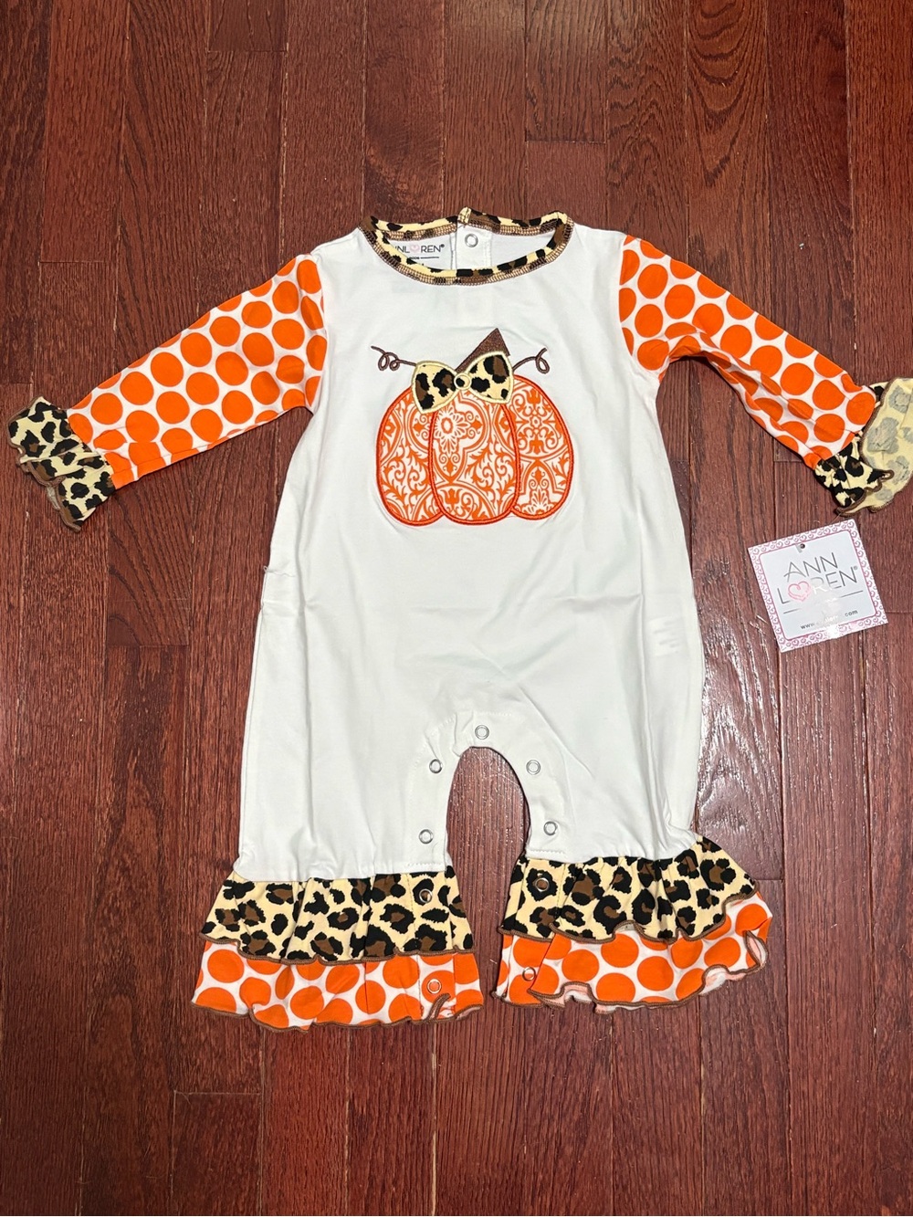 Ann Loren Cream & Orange Pumpkin Romper with Leopard Trim